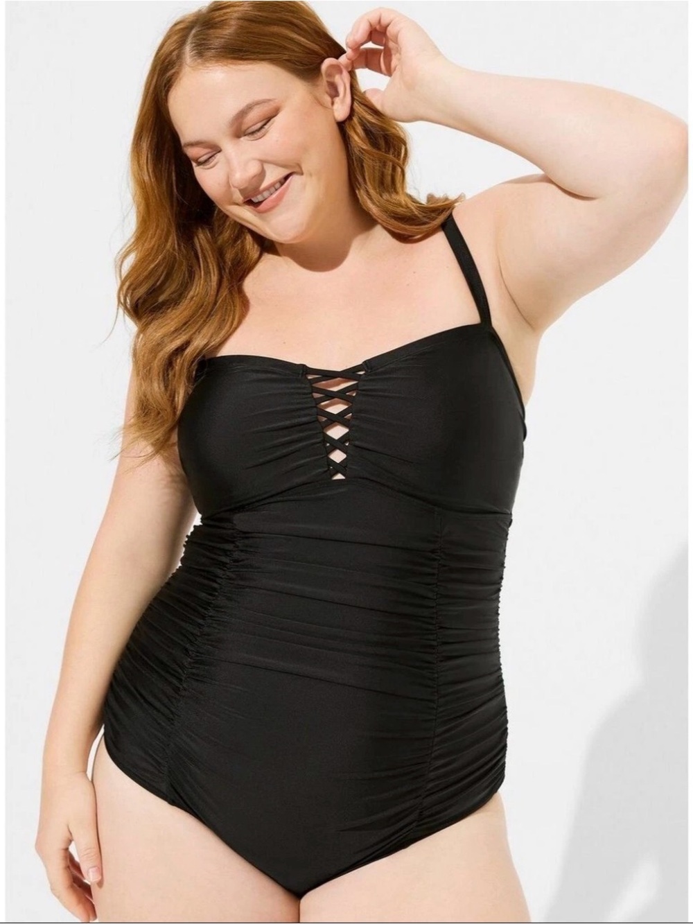 Torrid Black Slim Fix One-Piece Swimsuit 4X Size 26 Lattice Front Side Ruching